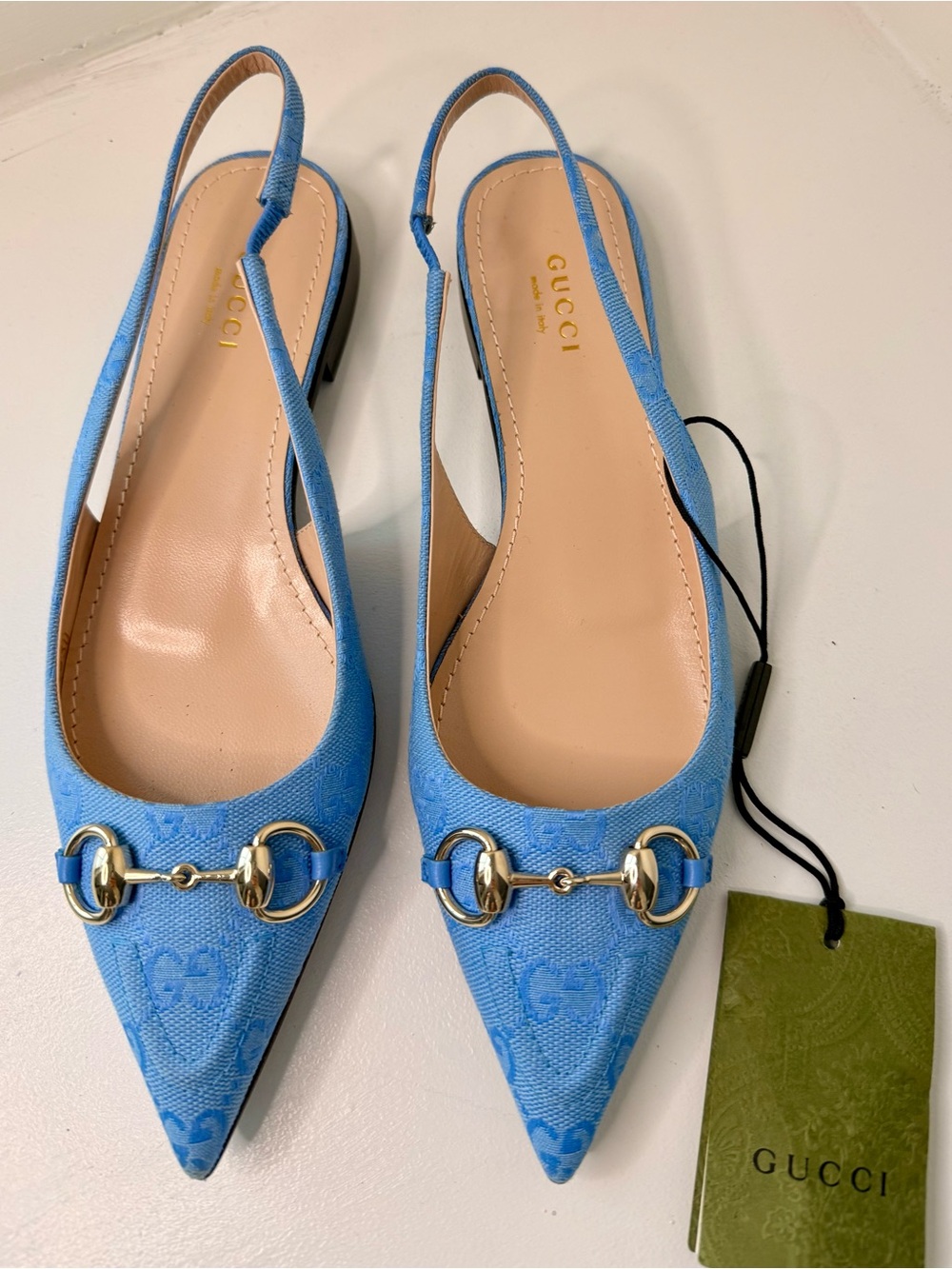 Gucci Blue Horsebit Slingback Pointed-Toe Flats